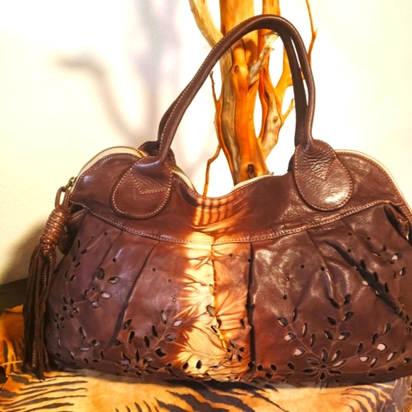 CATERINA LUCCHI-Brn/Ivory Leather Tie Dye Satchel w/ Tassel-NEW - Picture 2 of 15